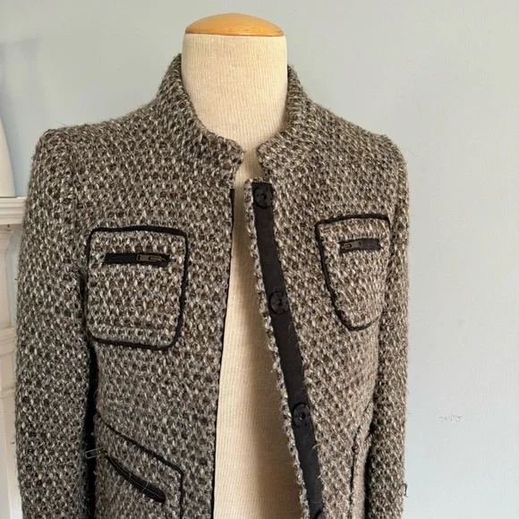 J.CREW metallic tweed & faux leather snap front blazer jacket tan cream black
